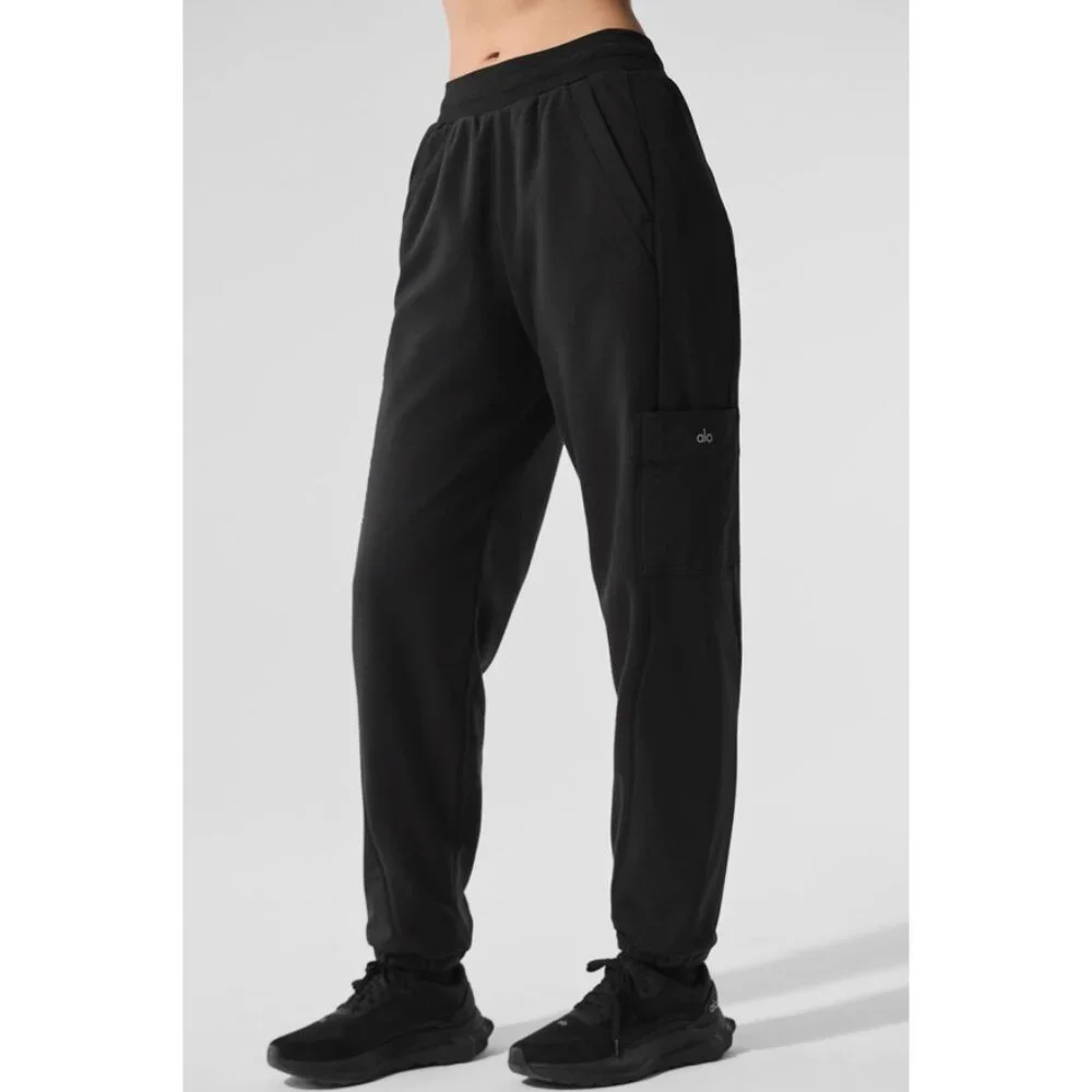 Alo Polar Fleece Wintry Mix Pant Black High-Rise Waist Fleece Fuzzy Warm Joggers